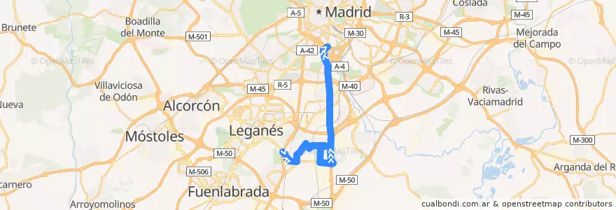 Mapa del recorrido Bus 447: Getafe - Madrid de la línea  en Área metropolitana de Madrid y Corredor del Henares.