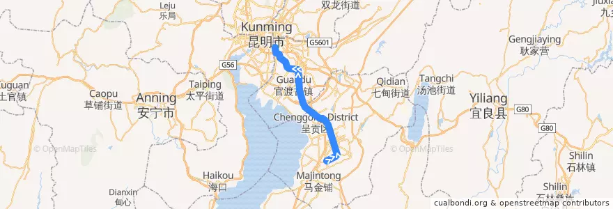 Mapa del recorrido 昆明地铁1号线 de la línea  en كونمينغ.