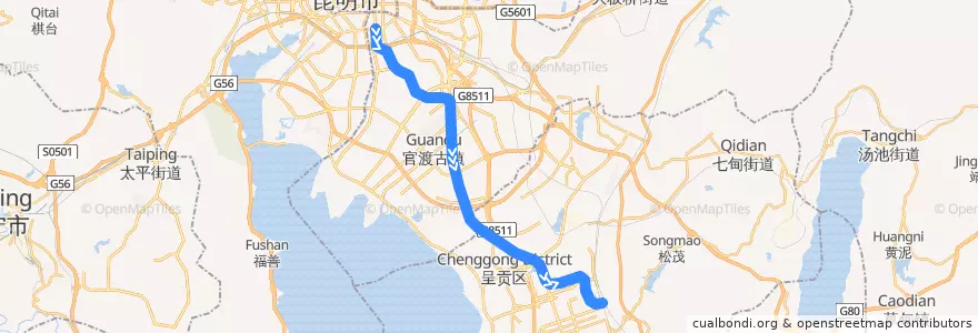 Mapa del recorrido 昆明地铁1号线 de la línea  en 昆明市.