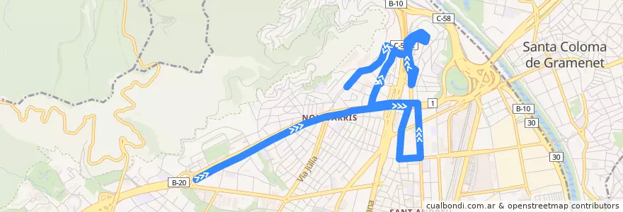 Mapa del recorrido 127 Pl. Karl Marx => Roquetes de la línea  en Barcelona.