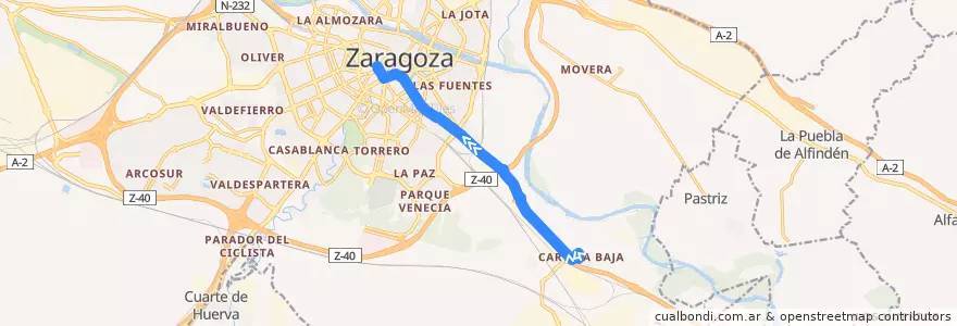 Mapa del recorrido Bus 25: La Cartuja => Puerta del Carmen de la línea  en 萨拉戈萨.