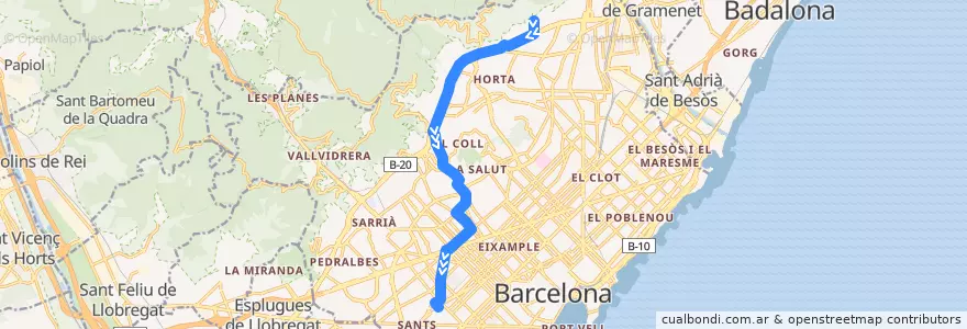 Mapa del recorrido 27 Roquetes / Estació de Sants de la línea  en Barcelona.