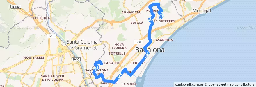 Mapa del recorrido B3 BADALONA (LES GUIXERES - LLEFIÀ) de la línea  en Badalona.