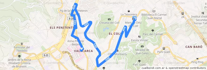 Mapa del recorrido 129 El Col => Penitentsl de la línea  en Barcelona.