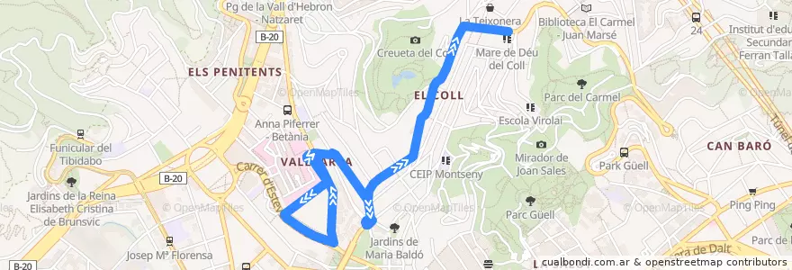 Mapa del recorrido 129 Penitents => El Coll de la línea  en 바르셀로나.