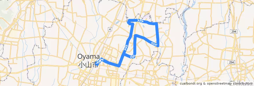 Mapa del recorrido 大山タクシーバス 桑東部団地・学校循環路線（右回り） de la línea  en Oyama.