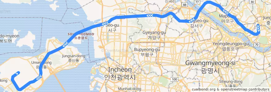Mapa del recorrido 인천 국제 공항 철도 모든 정류장: 서울역 → 인천공항2터미널 de la línea  en 대한민국.