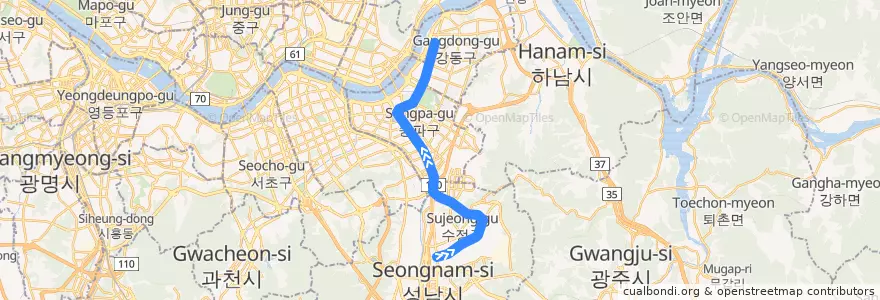 Mapa del recorrido 서울 지하철 8호선: 모란 → 암사 de la línea  en Coreia do Sul.