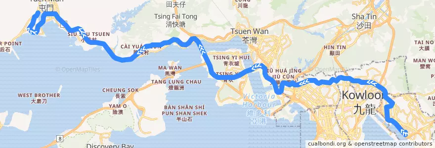 Mapa del recorrido 九巴259X線 KMB 259X (觀塘碼頭 Kwun Tong Ferry → 龍門居 Lung Mun Oasis) de la línea  en Novos Territórios.