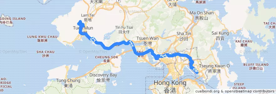 Mapa del recorrido 九巴258X線 KMB 258X (觀塘碼頭 Kwun Tong Ferry → 寶田 Po Tin) de la línea  en 新界.