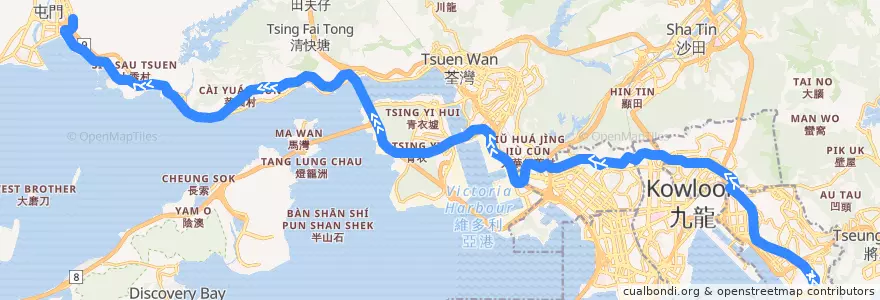 Mapa del recorrido 九巴252X線 KMB 252X (藍田站 Lam Tin Station → 置樂花園 Chi Lok Fa Yuen) de la línea  en 新界.