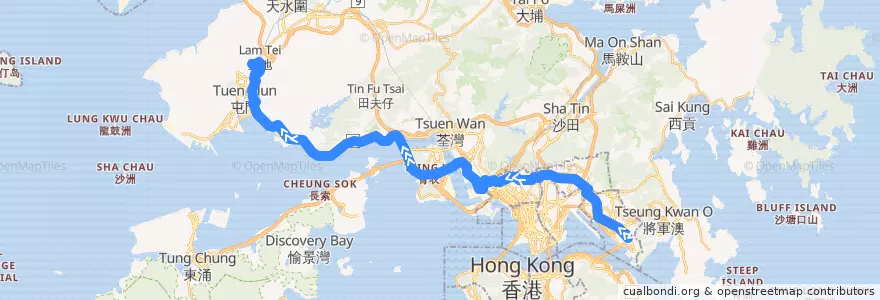 Mapa del recorrido 九巴267X線 KMB 267X (藍田站 Lam Tin Station → 兆康苑 Siu Hong Court) de la línea  en 신제.