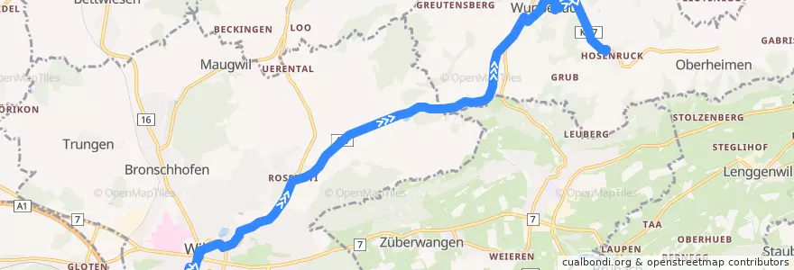 Mapa del recorrido Bus 722: Wil, Bahnhof => Hosenruck, Post de la línea  en Zwitserland.