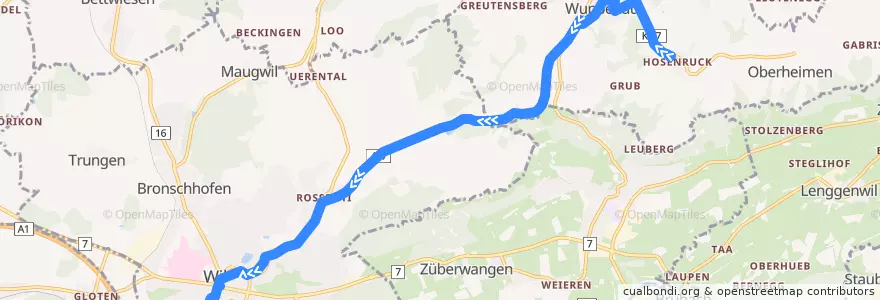 Mapa del recorrido Bus 722: Hosenruck, Post => Wil, Bahnhof de la línea  en Suiza.