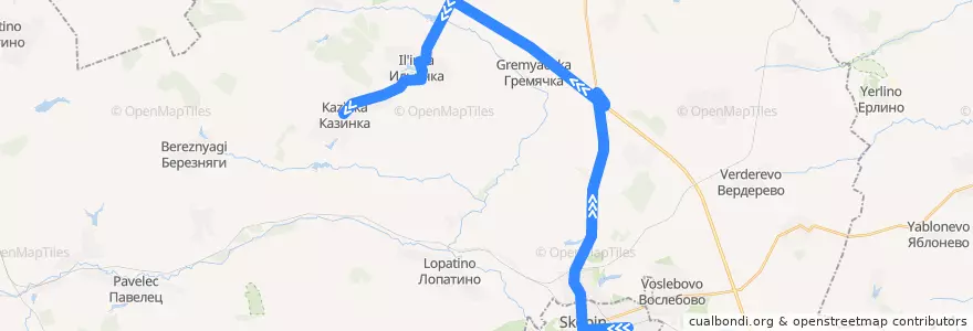 Mapa del recorrido Автобус №115 (Скопин - Казинка) de la línea  en Скопинский район.