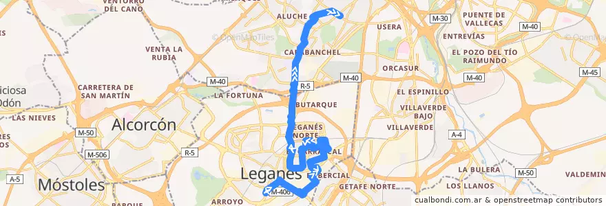 Mapa del recorrido Bus 481: Leganés (Hospital) -Madrid (Oporto) de la línea  en Área metropolitana de Madrid y Corredor del Henares.