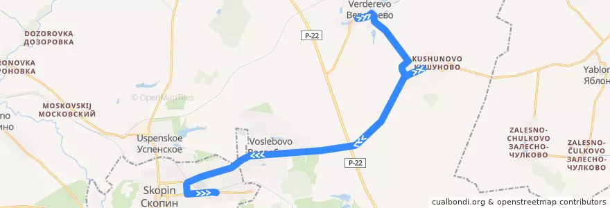 Mapa del recorrido Автобус №155 (Вердерево - Кушуново - Скопин) de la línea  en Скопинский район.