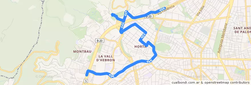 Mapa del recorrido 185 Canyelles => Vall d'Hebron de la línea  en Barcelone.