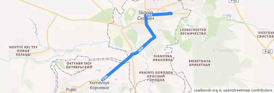 Mapa del recorrido Автобус №154 (Корневое - Скопин) de la línea  en Скопинский район.