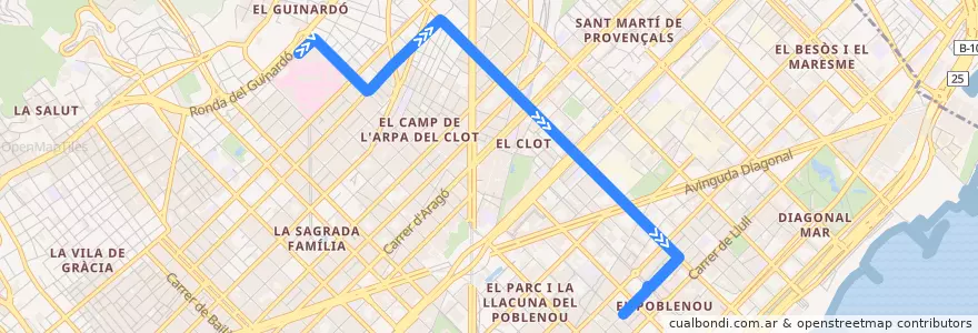 Mapa del recorrido 192 Hospital de Sant Pau => Poblenou de la línea  en Barcelona.