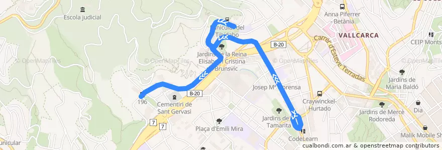 Mapa del recorrido 196 Av. Tibidabo => Bellesguard de la línea  en 바르셀로나.