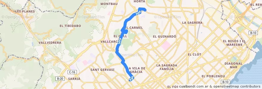 Mapa del recorrido 87 Travessera de Gràcia => Tajo de la línea  en Barcelone.