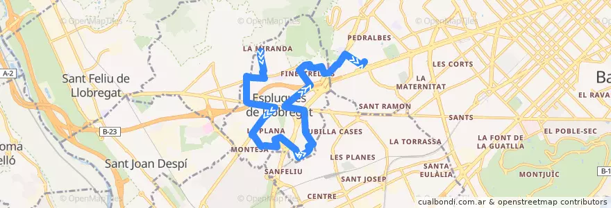 Mapa del recorrido EP1 Esplugues de Llobregat (La Miranda) => Barcelona (Zona Universitària) de la línea  en Barcelona.