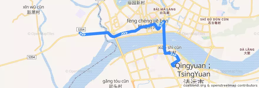 Mapa del recorrido 清远127路公交（飞水→新城客运站） de la línea  en Qingcheng District.