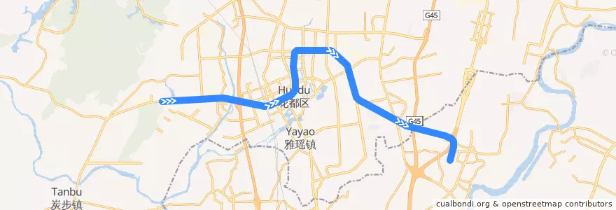 Mapa del recorrido 广州地铁9号线（飞鹅岭→高增） de la línea  en Huadu District.