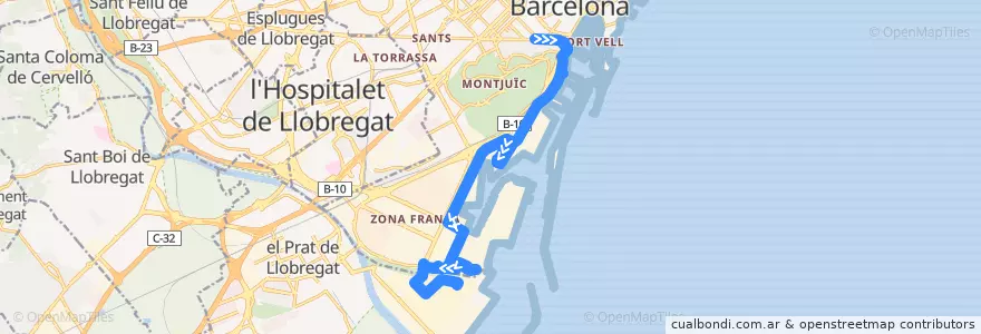 Mapa del recorrido 88 Barcelona (Metro Paral·lel) => El Prat de Ll. (Zal/Edifici PIF) de la línea  en Barcelone.