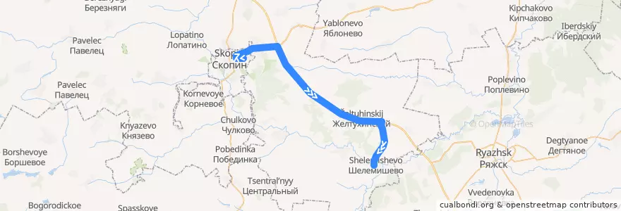 Mapa del recorrido Автобус №138 (Скопин - Шелемишево) de la línea  en Скопинский район.