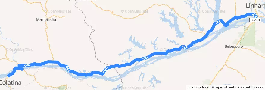 Mapa del recorrido 081/0 Linhares x Colatina via Humaitá de la línea  en Espírito Santo.