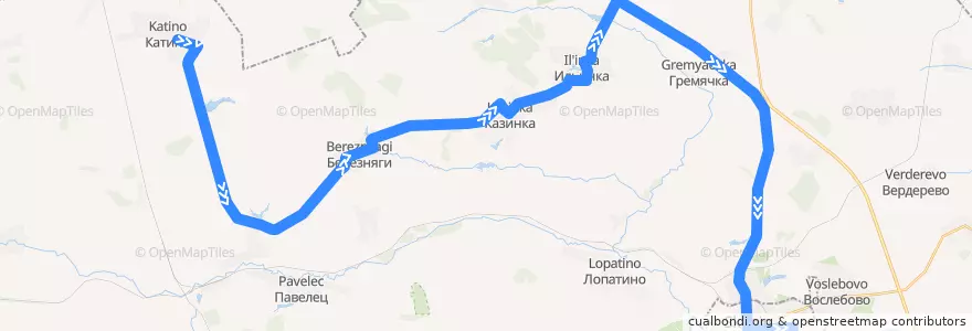 Mapa del recorrido Автобус №148 (Катино - Березняги - Скопин) de la línea  en Скопинский район.