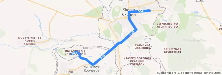 Mapa del recorrido Автобус №134 (Октябрьский Скопин) de la línea  en Скопинский район.