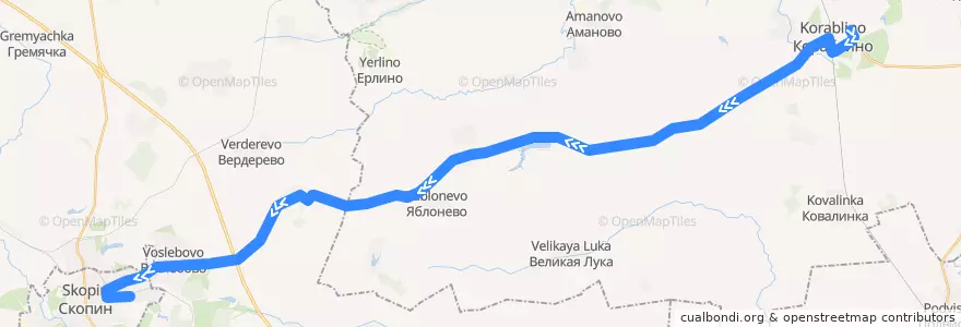 Mapa del recorrido Автобус №162 (Кораблино - Скопин) de la línea  en Рязанская область.