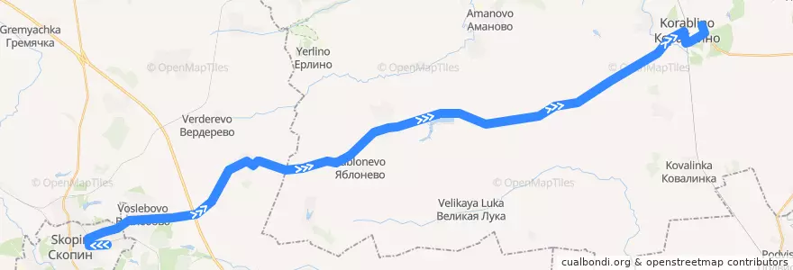 Mapa del recorrido Автобус №162 (Скопин - Кораблино) de la línea  en Рязанская область.