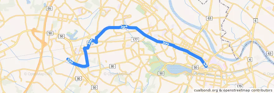 Mapa del recorrido 茨城交通バス1系統 河和田団地⇒赤塚駅・石川町⇒水戸駅 de la línea  en Mito.