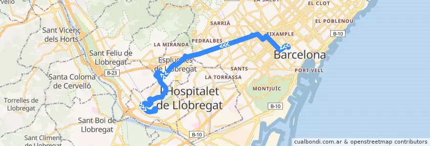 Mapa del recorrido 67 Pl. Catalunya => Cornellà de la línea  en Barcelona.