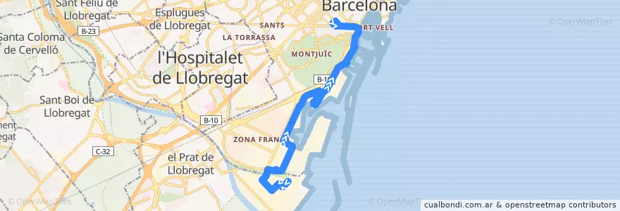 Mapa del recorrido 88 El Prat de Ll. (Zal/Edifici PIF) => Barcelona (Metro Paral·lel) de la línea  en Барселона.