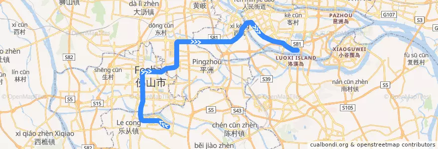 Mapa del recorrido 广佛地铁 de la línea  en گوانگ‌دونگ.
