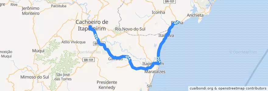 Mapa del recorrido 223/0 Piúma x Cachoeiro de Itapemirim via Candeus de la línea  en Região Geográfica Intermediária de Cachoeiro de Itapemirim.