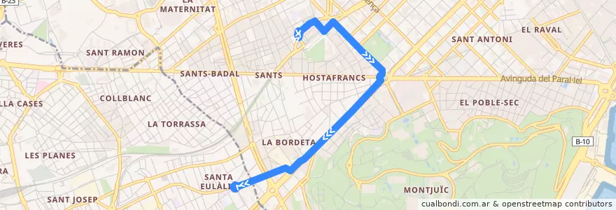 Mapa del recorrido CJ Barcelona (Estació de Sants) => l'Hospitalet de Ll. (Ciutat de la Justicia) de la línea  en Barcelona.