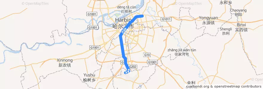 Mapa del recorrido 哈尔滨地铁1号线（北向） de la línea  en هیلونگ‌جیانگ.