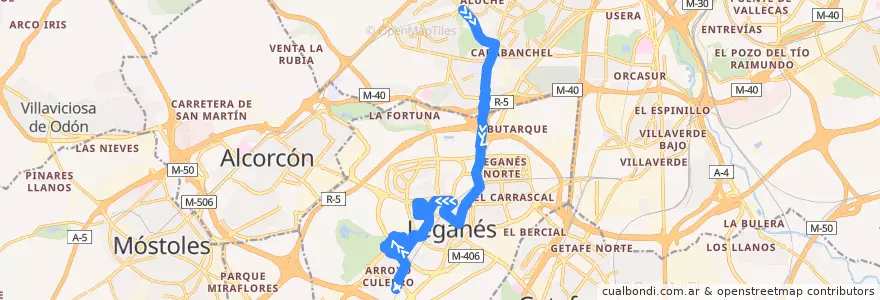 Mapa del recorrido Bus 482: Aluche - Arroyo Culebro de la línea  en Leganés.