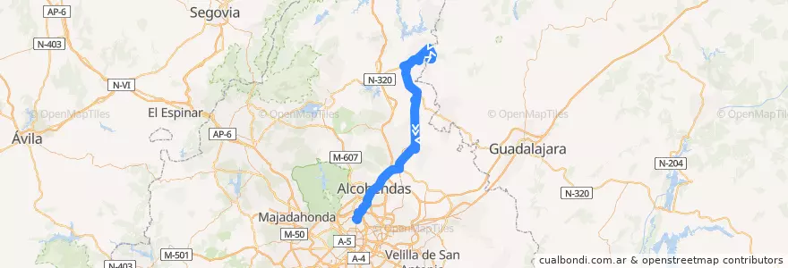 Mapa del recorrido Bus 197: Uceda - Torrelaguna - Madrid de la línea  en Community of Madrid.