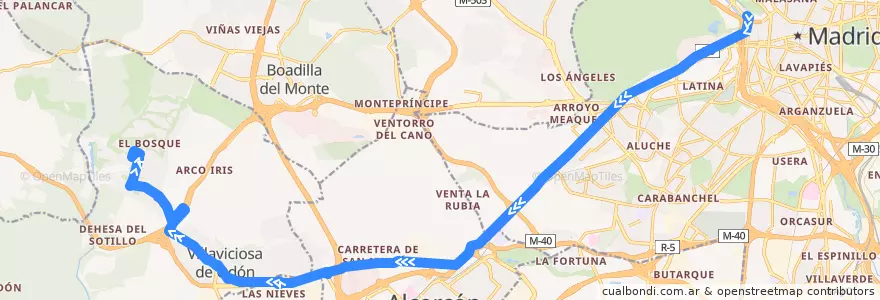 Mapa del recorrido Bus 518: Madrid - Villaviciosa de Odón de la línea  en Área metropolitana de Madrid y Corredor del Henares.