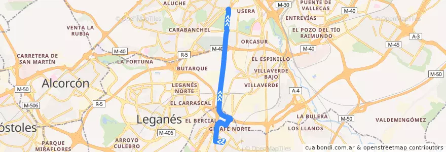 Mapa del recorrido Bus 443 Getafe (Las Margaritas) - Madrid (Plaza Elíptica) de la línea  en Área metropolitana de Madrid y Corredor del Henares.