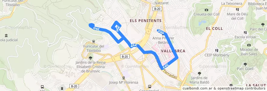 Mapa del recorrido 124 Penitents. Vallcarca => Collserola de la línea  en Barcelona.