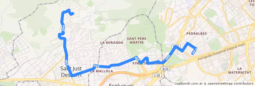Mapa del recorrido JM Barcelona (Zona Universitària) => Sant Just Desvrn (Pl. Montfalcone) de la línea  en Barcelona.