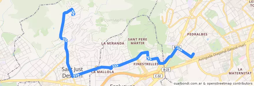 Mapa del recorrido JM Sant Just Desvern (Pl. Montfalcone) => Barcelona (Zona Universitària) de la línea  en Barcelona.